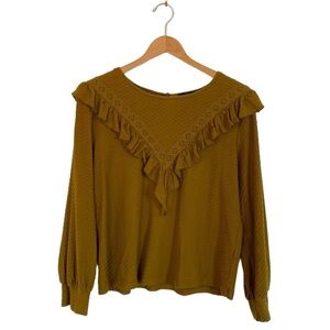 J. Crew Cypress Olive Ruffle Honeycomb  Knit Cottage Core Peasant Top Women’s S